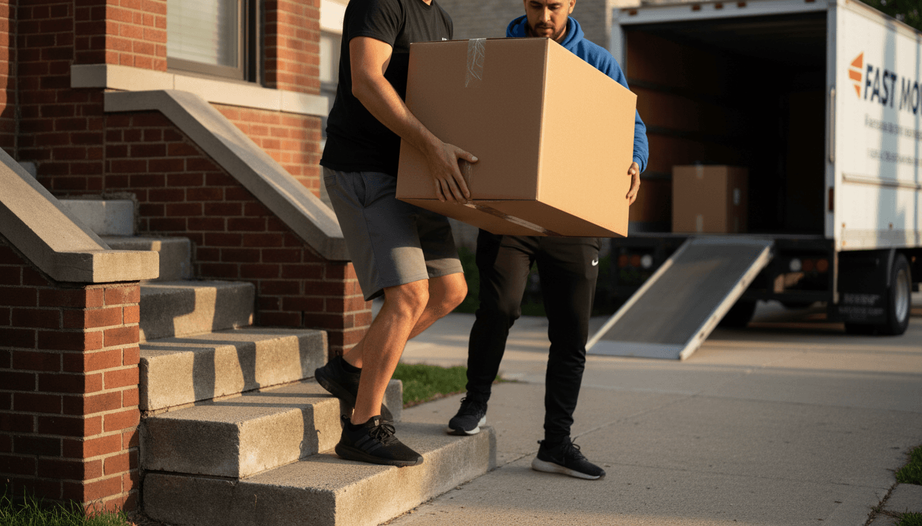 Movers carrying a padded box down the steps of a Chicago townhouse