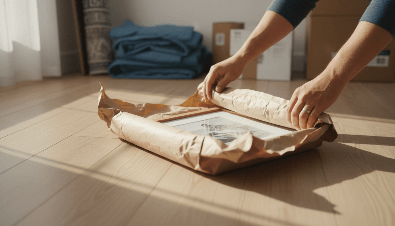 Hands carefully wrapping a framed picture for a move