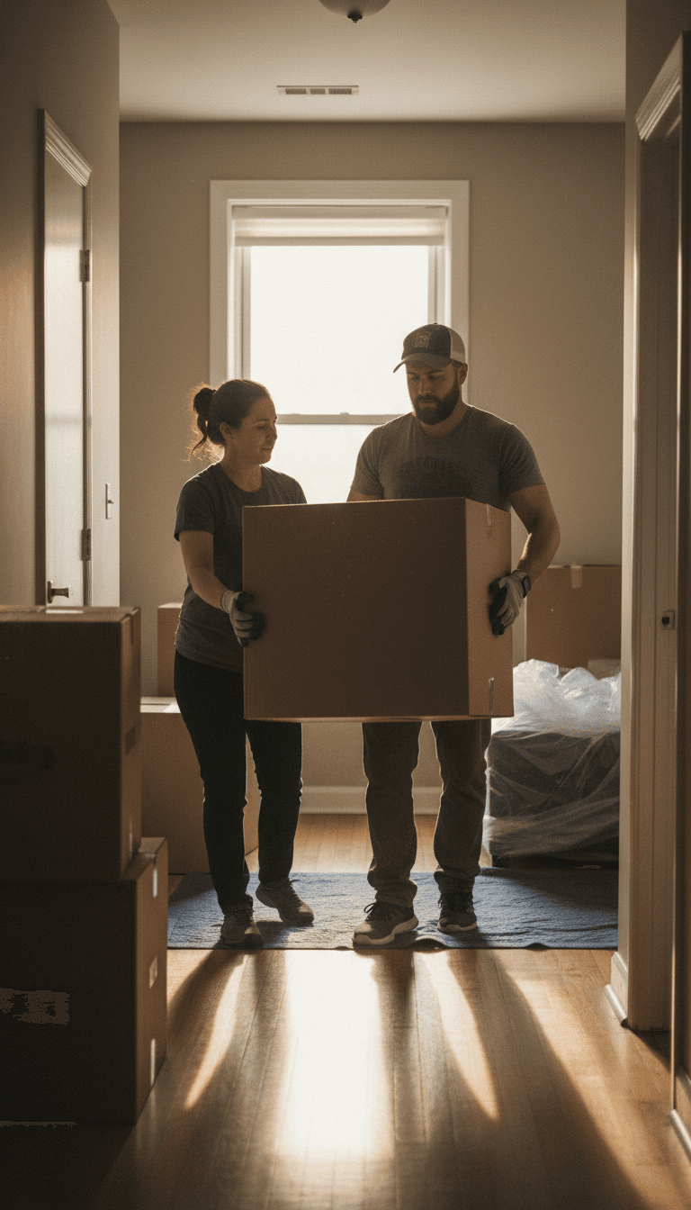 Movers carrying a box through a Chicago apartment hallway