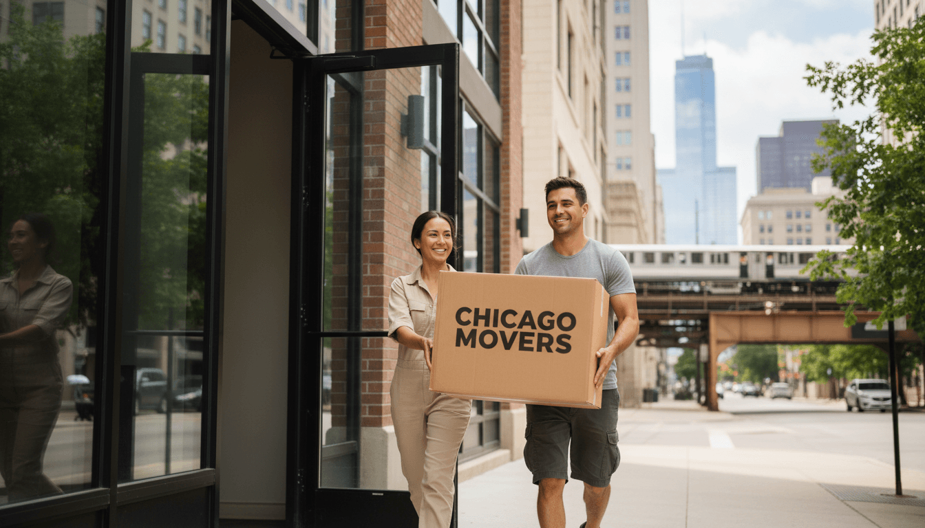 Professional movers carrying a box into a Chicago apartment