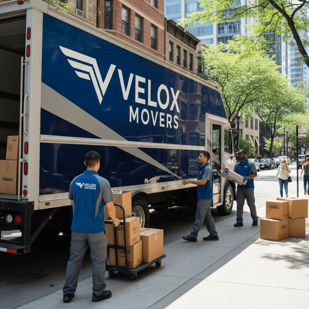 Modern truck with Velox Movers logo in a Chicago neighborhood, movers loading items.