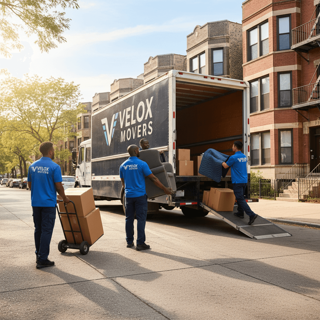 Velox Movers team loading items into a truck in a Chicago neighborhood
