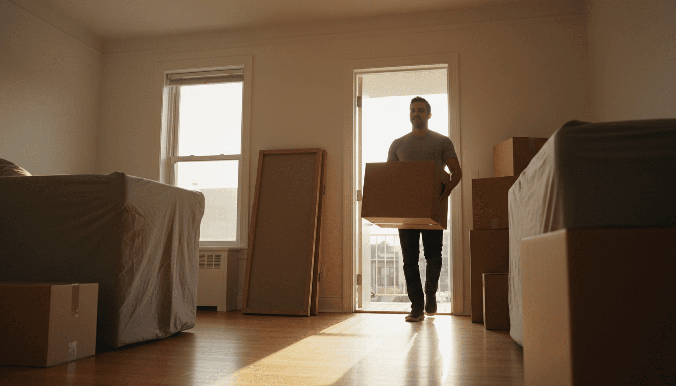 Professional mover carrying a box through a sunlit Chicago apartment during a residential move